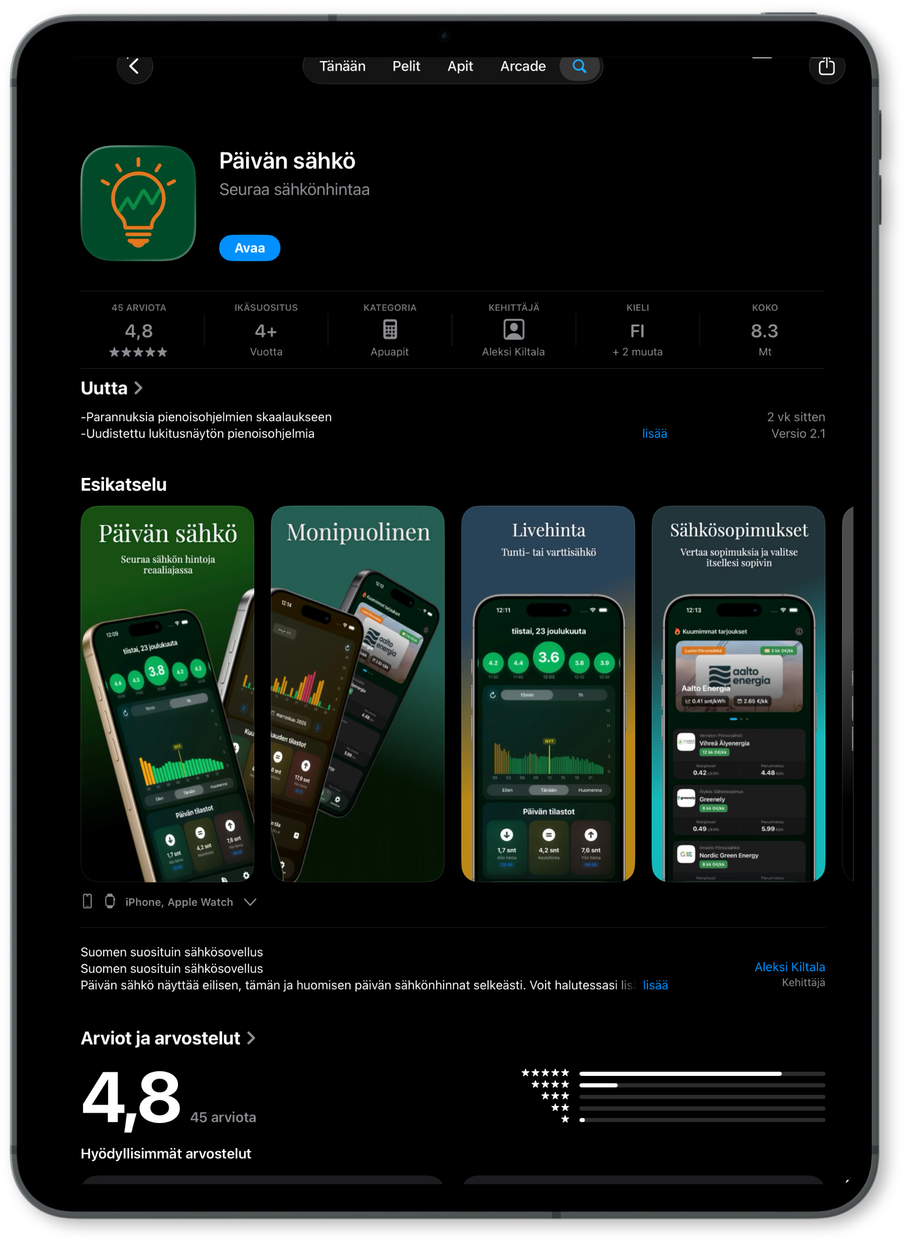 Päivän Sähkö -sovellus App Storessa iPadilla